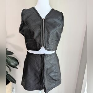 Vintage Y2k Vegan Leather Black quilted Two Piece Set Skirt Vest Small